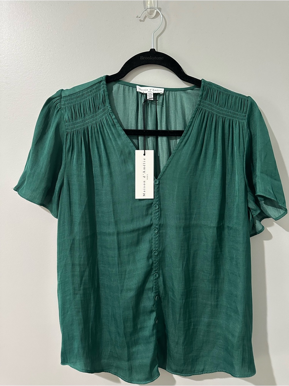 Maison d’Avril Forest Green V-Neck Button-Front Blouse